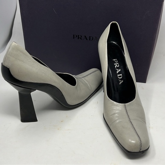 Prada Sz 38 Gray Leather Cuban Heel Pumps - Picture 1 of 15
